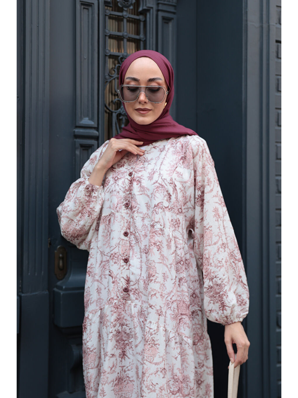 Kadın Pastoral Desen Elbise Bordo-2