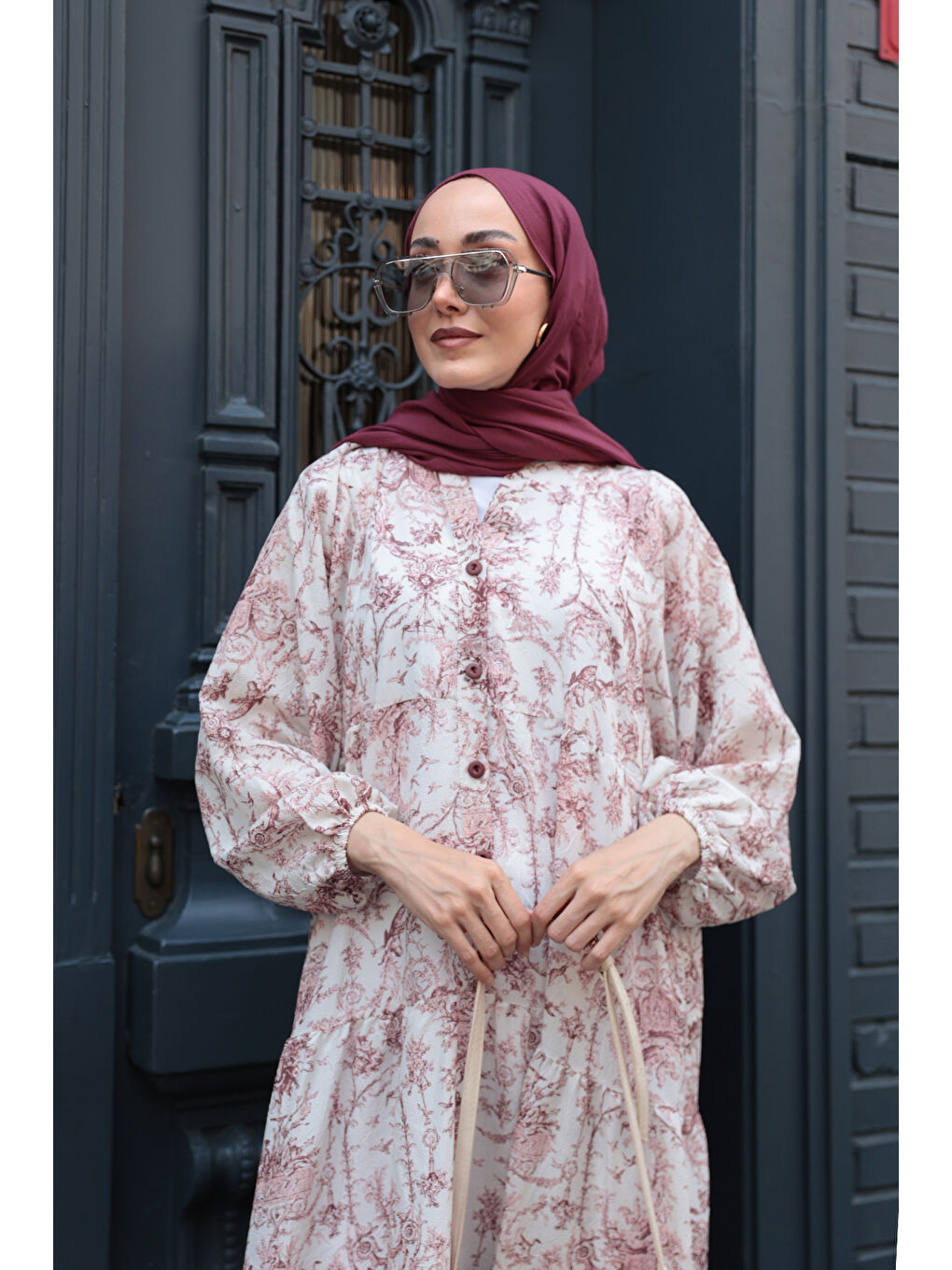 Kadın Pastoral Desen Elbise Bordo-3