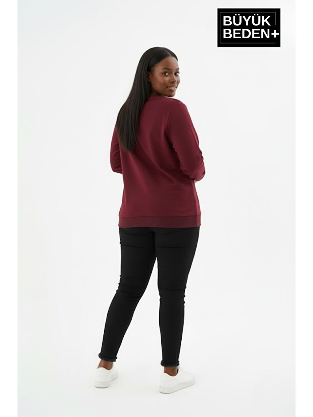 Bordo Kadın Büyük Beden El Yazılı Brooklyn Baskılı Bisiklet Yaka İnce Sweatshirt SPR26BSWK956-6-1