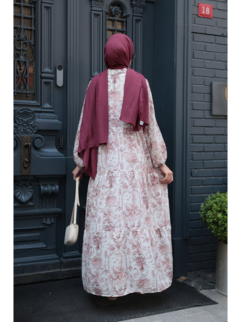 Kadın Pastoral Desen Elbise Bordo-4