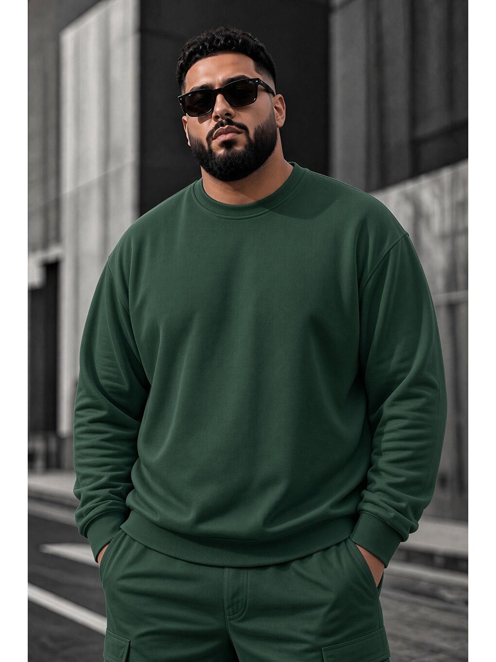 Yeşil John Erkek İki İpli Şardonlu Düz Renk Günlük Battal Büyük Beden Bisiklet Yaka Sweatshirt