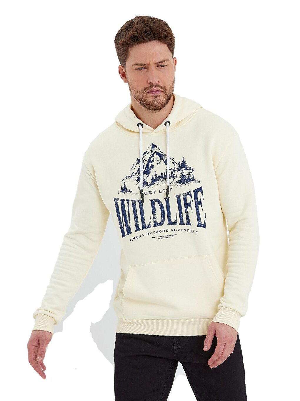 Ekru KapüşonluErkek Hoodie Önü Wıldlıfe Yazılı