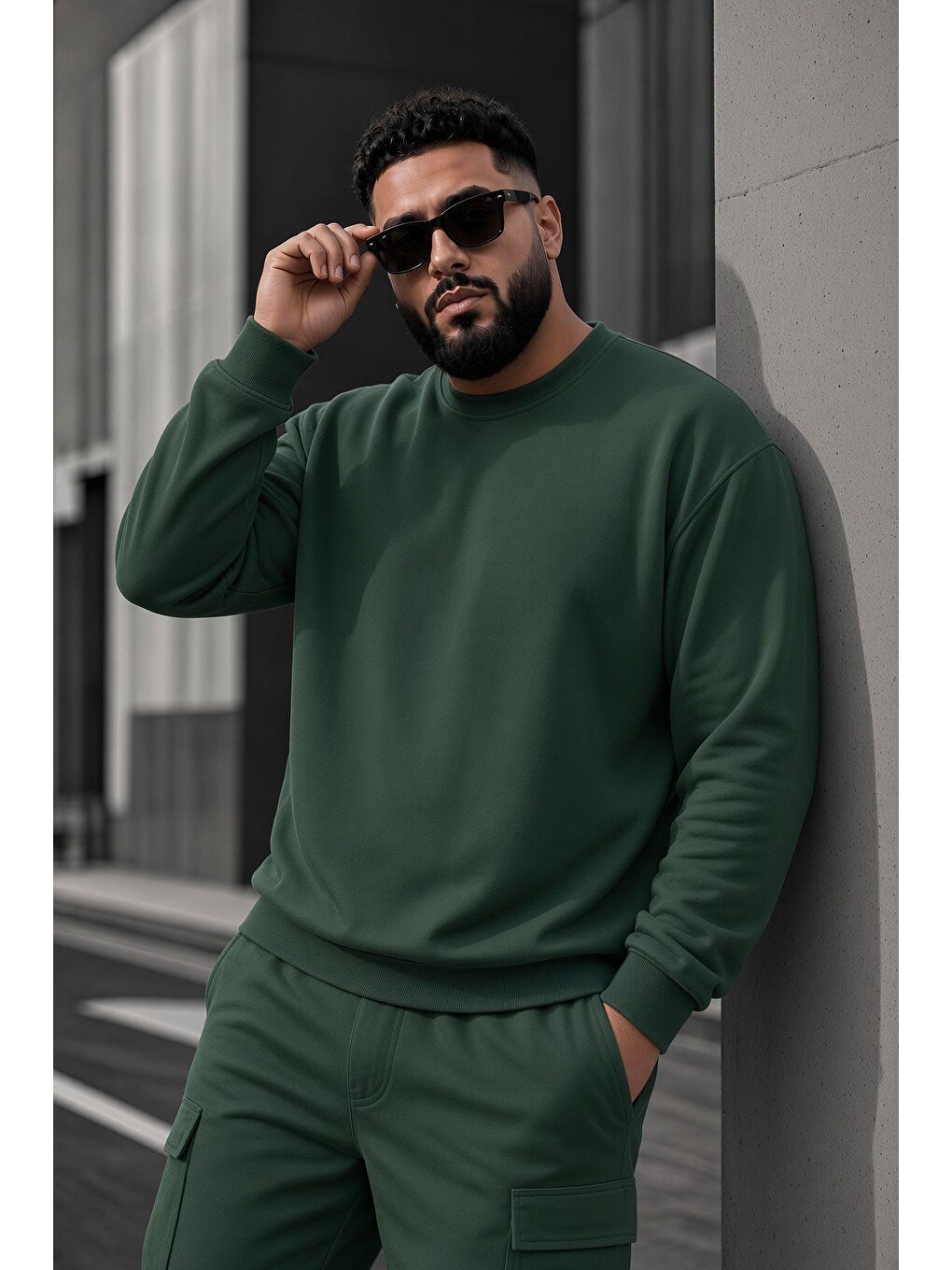 Yeşil John Erkek İki İpli Şardonlu Düz Renk Günlük Battal Büyük Beden Bisiklet Yaka Sweatshirt-1