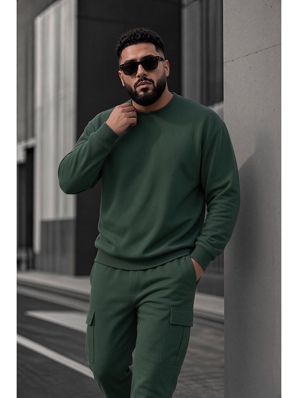 Yeşil John Erkek İki İpli Şardonlu Düz Renk Günlük Battal Büyük Beden Bisiklet Yaka Sweatshirt-2