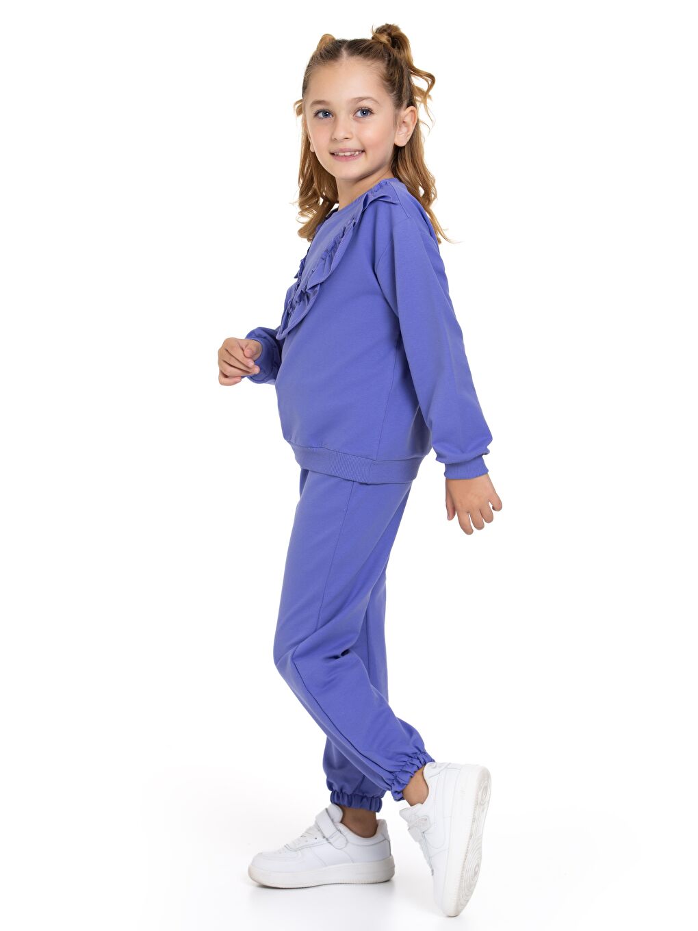 Mor Bisiklet Yaka Uzun Kol Fırfır Detaylı Lavanta Renk Kız Çocuk İkili Takım