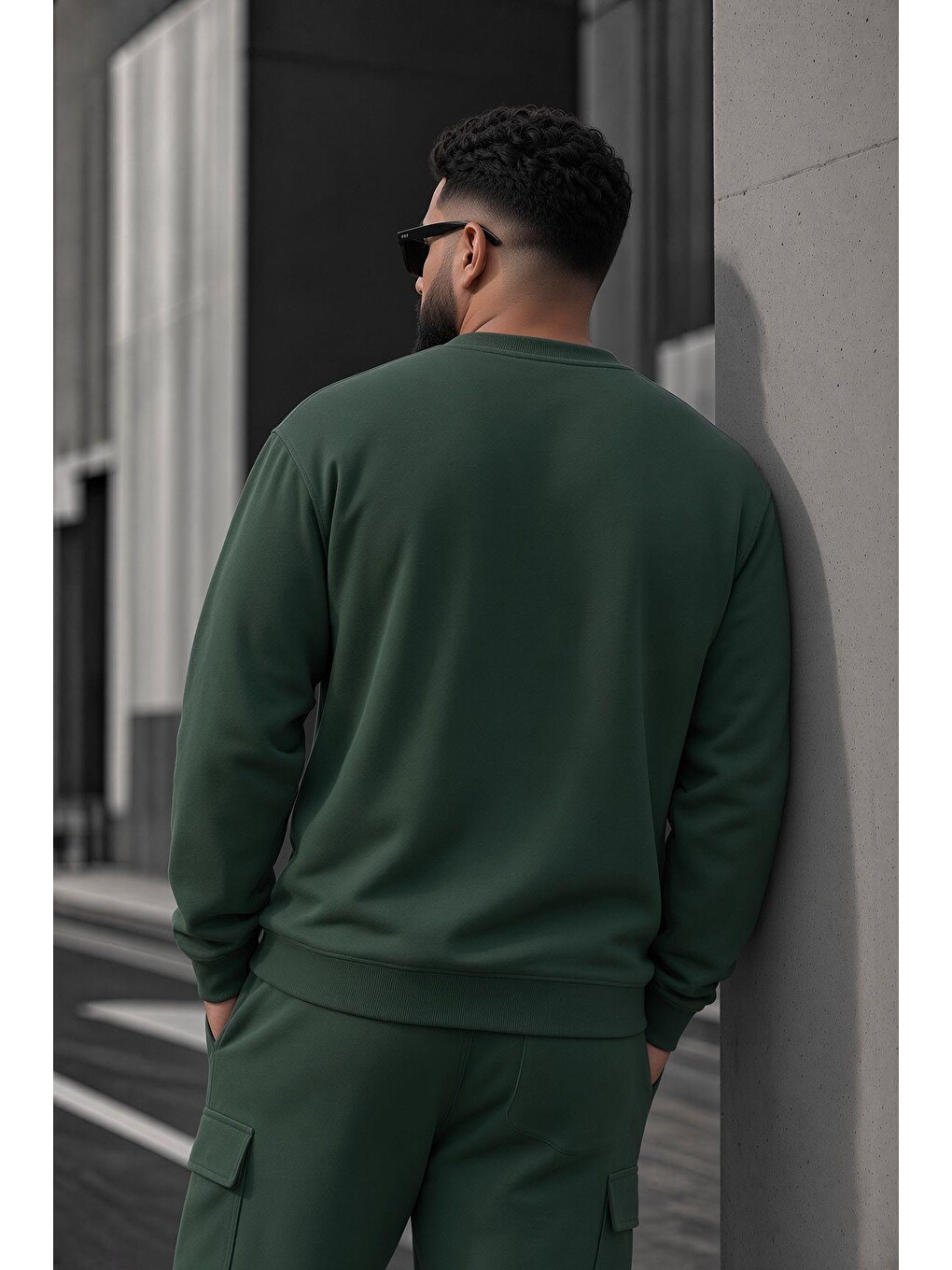 Yeşil John Erkek İki İpli Şardonlu Düz Renk Günlük Battal Büyük Beden Bisiklet Yaka Sweatshirt-3