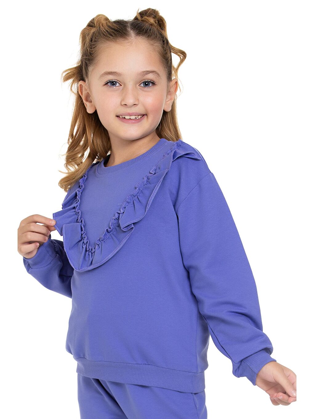 Mor Bisiklet Yaka Uzun Kol Fırfır Detaylı Lavanta Renk Kız Çocuk İkili Takım-1