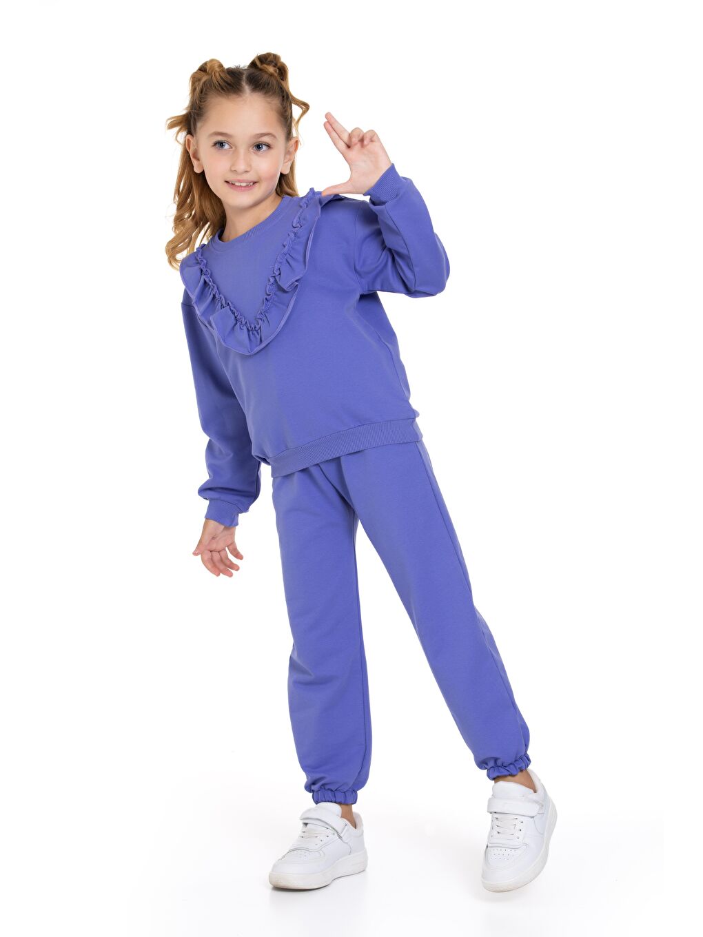 Mor Bisiklet Yaka Uzun Kol Fırfır Detaylı Lavanta Renk Kız Çocuk İkili Takım-2