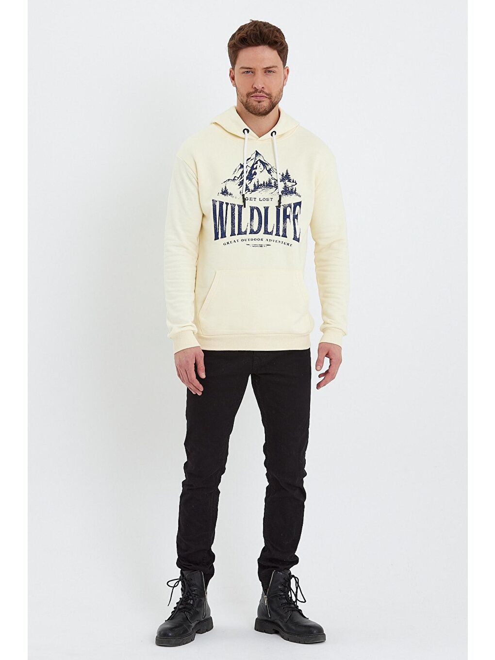 Ekru KapüşonluErkek Hoodie Önü Wıldlıfe Yazılı-1