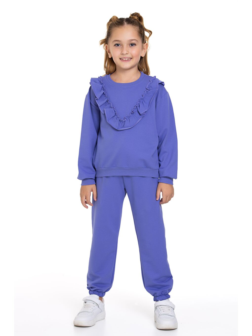 Mor Bisiklet Yaka Uzun Kol Fırfır Detaylı Lavanta Renk Kız Çocuk İkili Takım-3