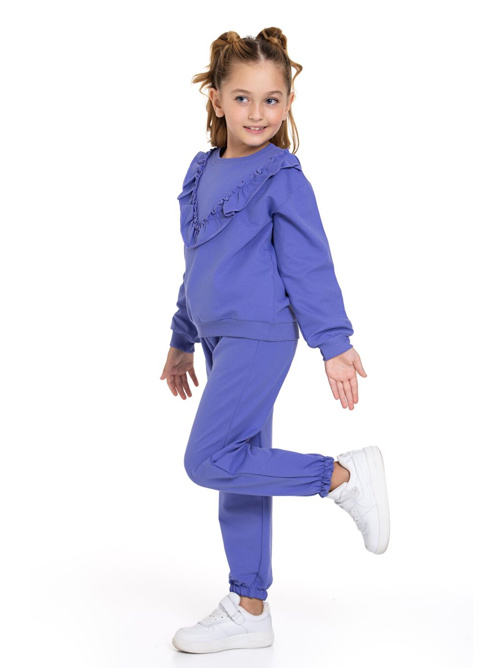 Mor Bisiklet Yaka Uzun Kol Fırfır Detaylı Lavanta Renk Kız Çocuk İkili Takım-4