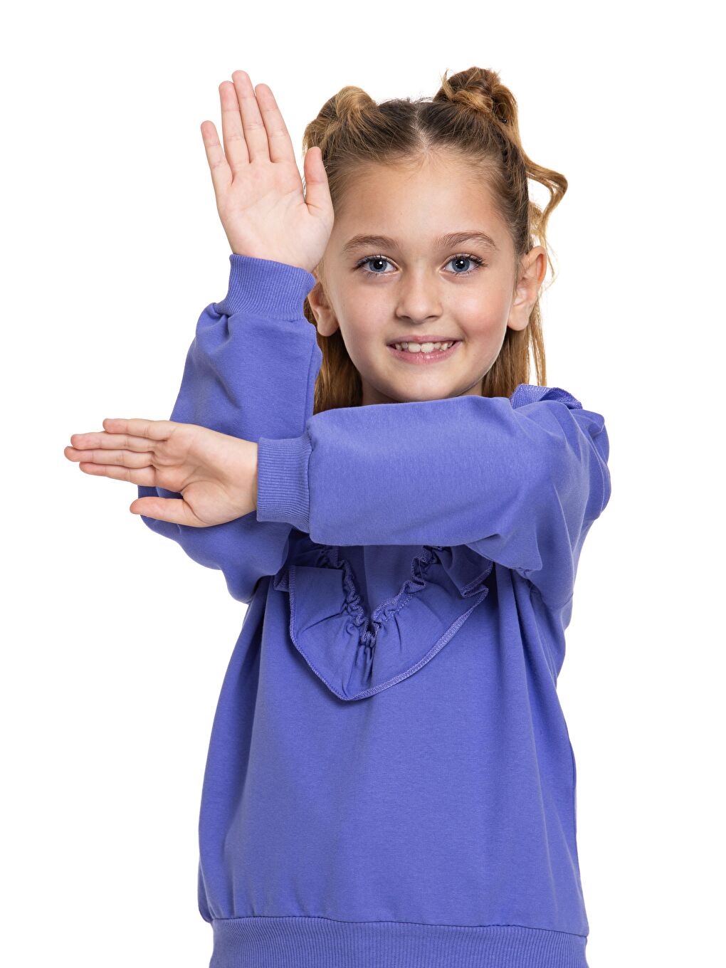 Mor Bisiklet Yaka Uzun Kol Fırfır Detaylı Lavanta Renk Kız Çocuk İkili Takım-5