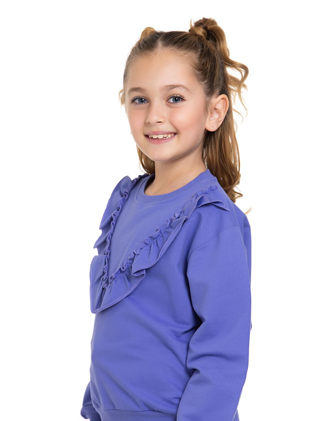 Mor Bisiklet Yaka Uzun Kol Fırfır Detaylı Lavanta Renk Kız Çocuk İkili Takım-6