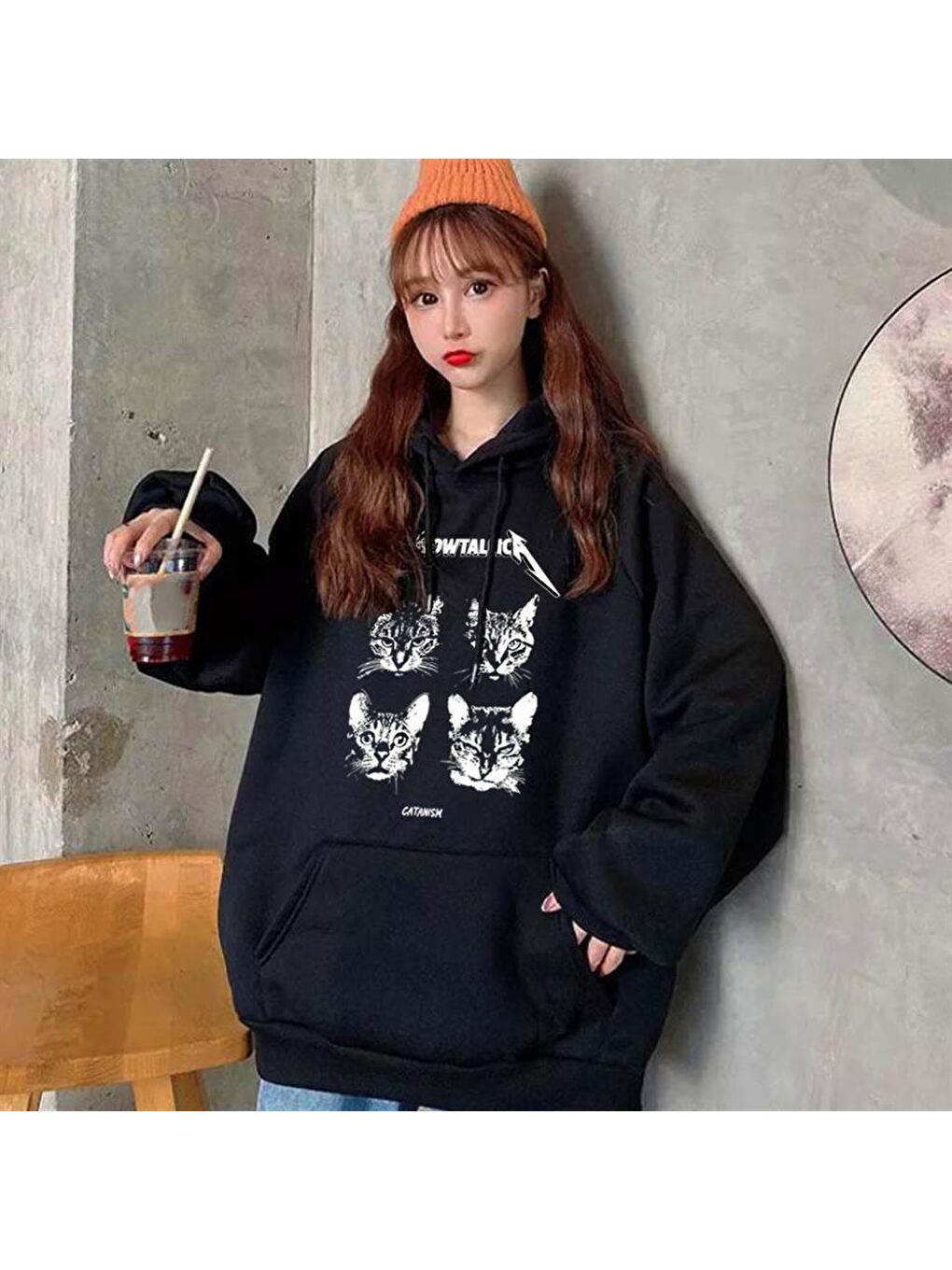 Touz Moda Siyah Meowtallica Baskılı Siyah Unisex Oversize Kapüşonlu Sweatshirt