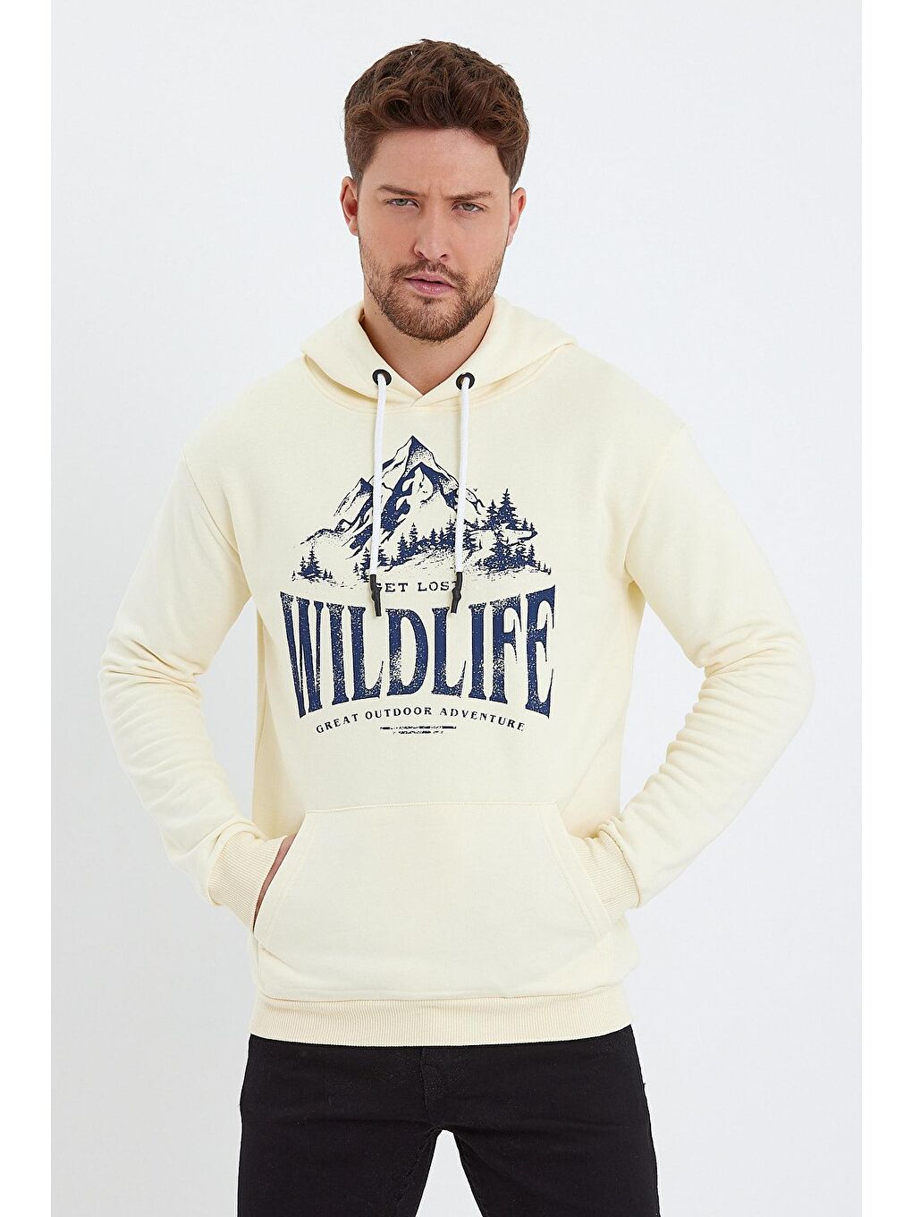 Ekru KapüşonluErkek Hoodie Önü Wıldlıfe Yazılı-2