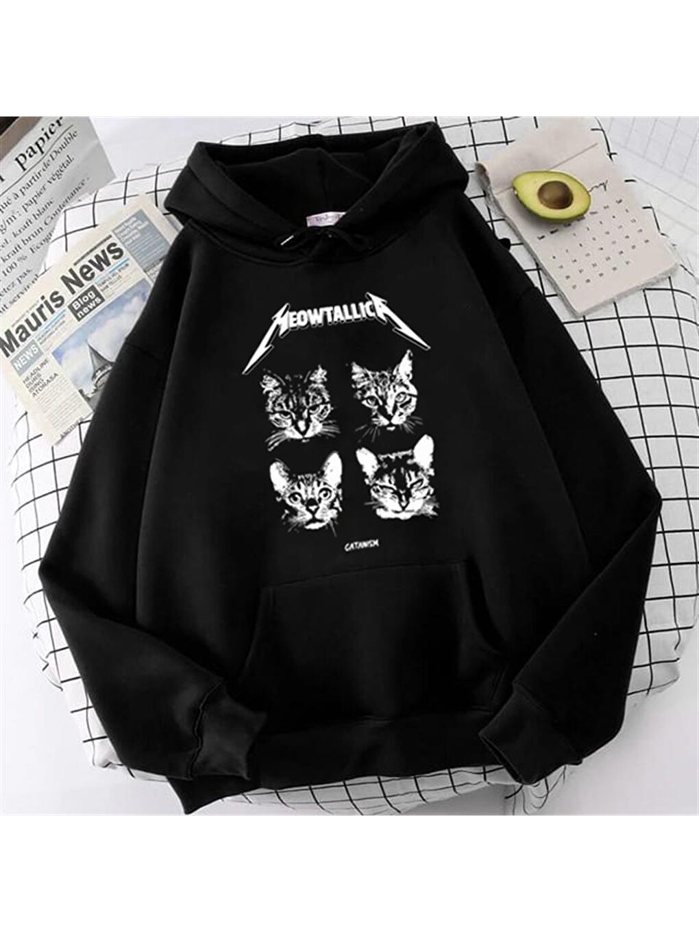 Touz Moda Siyah Meowtallica Baskılı Siyah Unisex Oversize Kapüşonlu Sweatshirt - 1