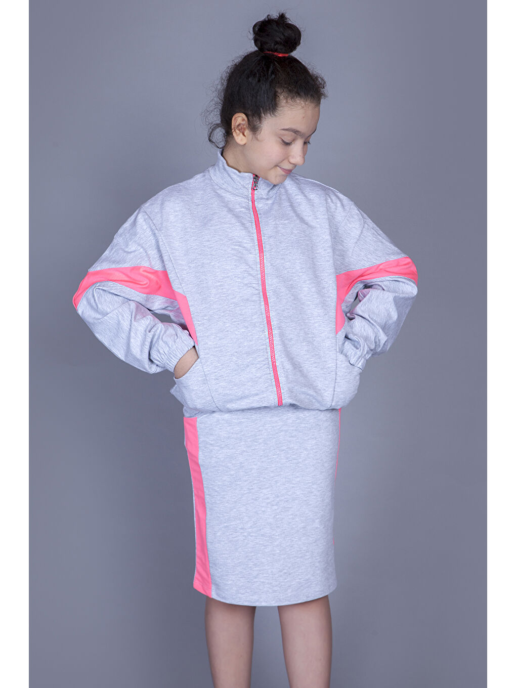 Gri Kız Çocuk Garnili Etekli Takım-1