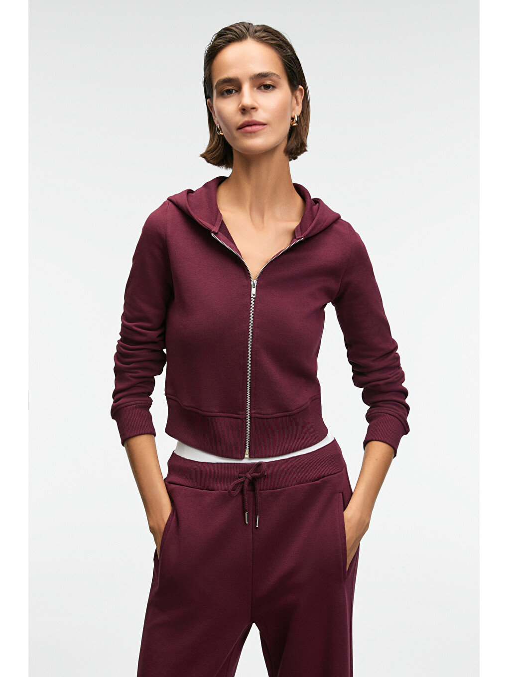 Cosıma Kadın Metal Fermuarlı Kapüşonlu Crop Bordo Sweatshirt