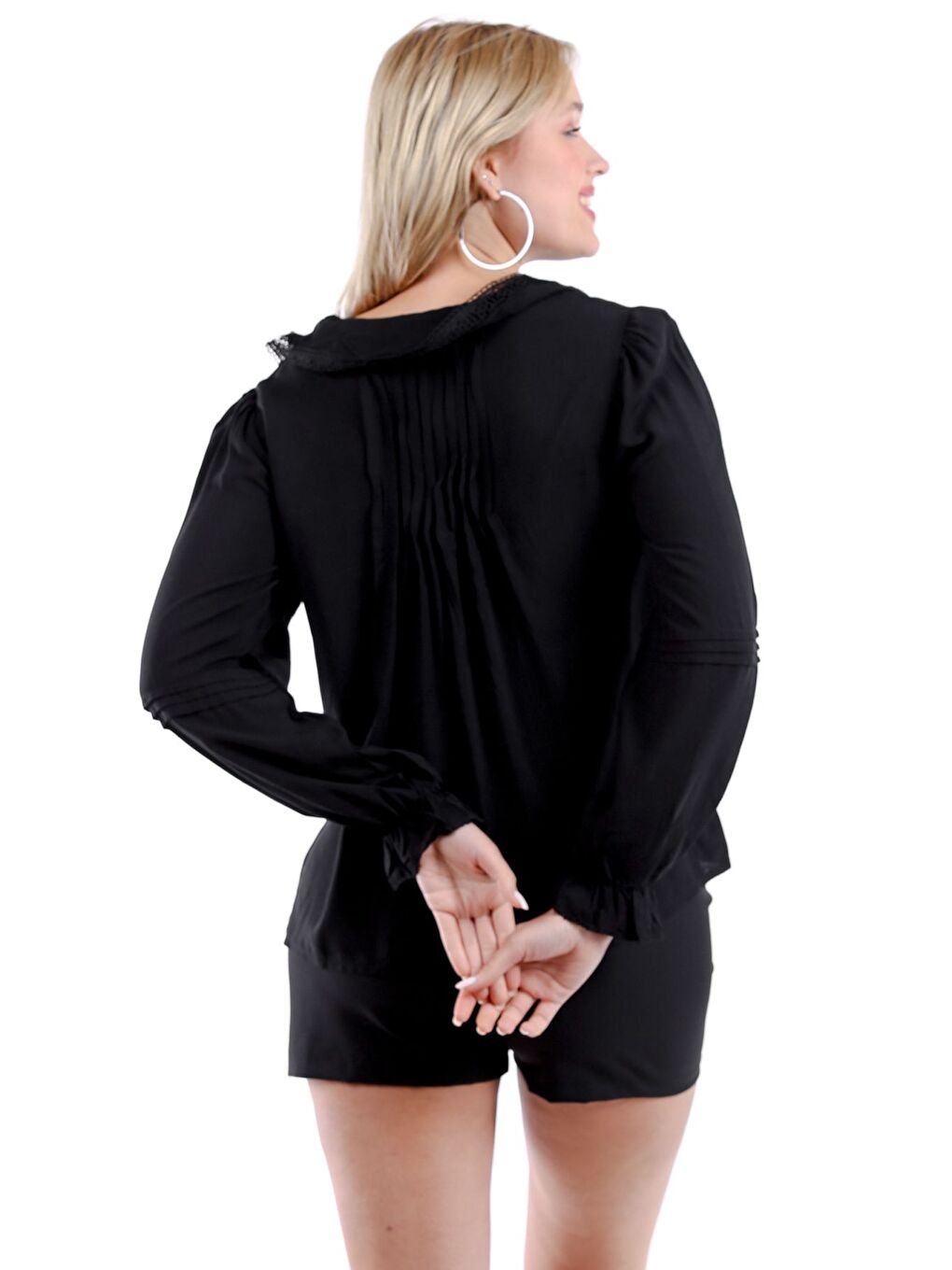 Siyah Dantel Yaka Fırfırlı Kol Dantelli Dokuma Bluz-4