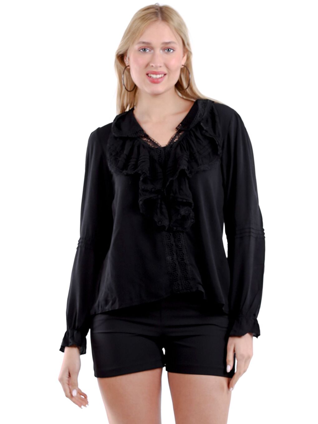 Siyah Dantel Yaka Fırfırlı Kol Dantelli Dokuma Bluz-5