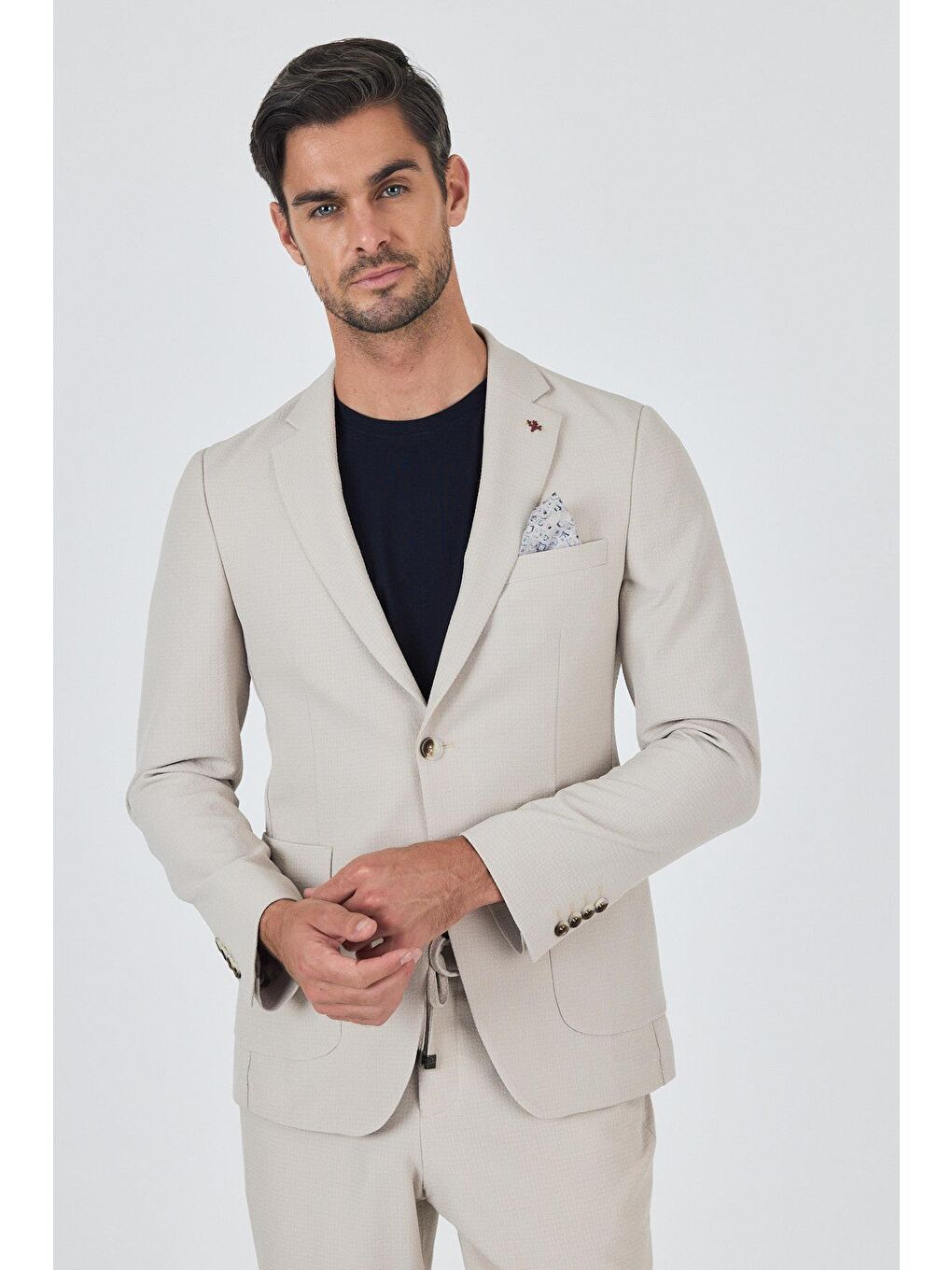 Bej Mono Yaka Kendinden Desenli 2 Düğme Casual Esnek Slim Fit Takım Elbise 1001250174