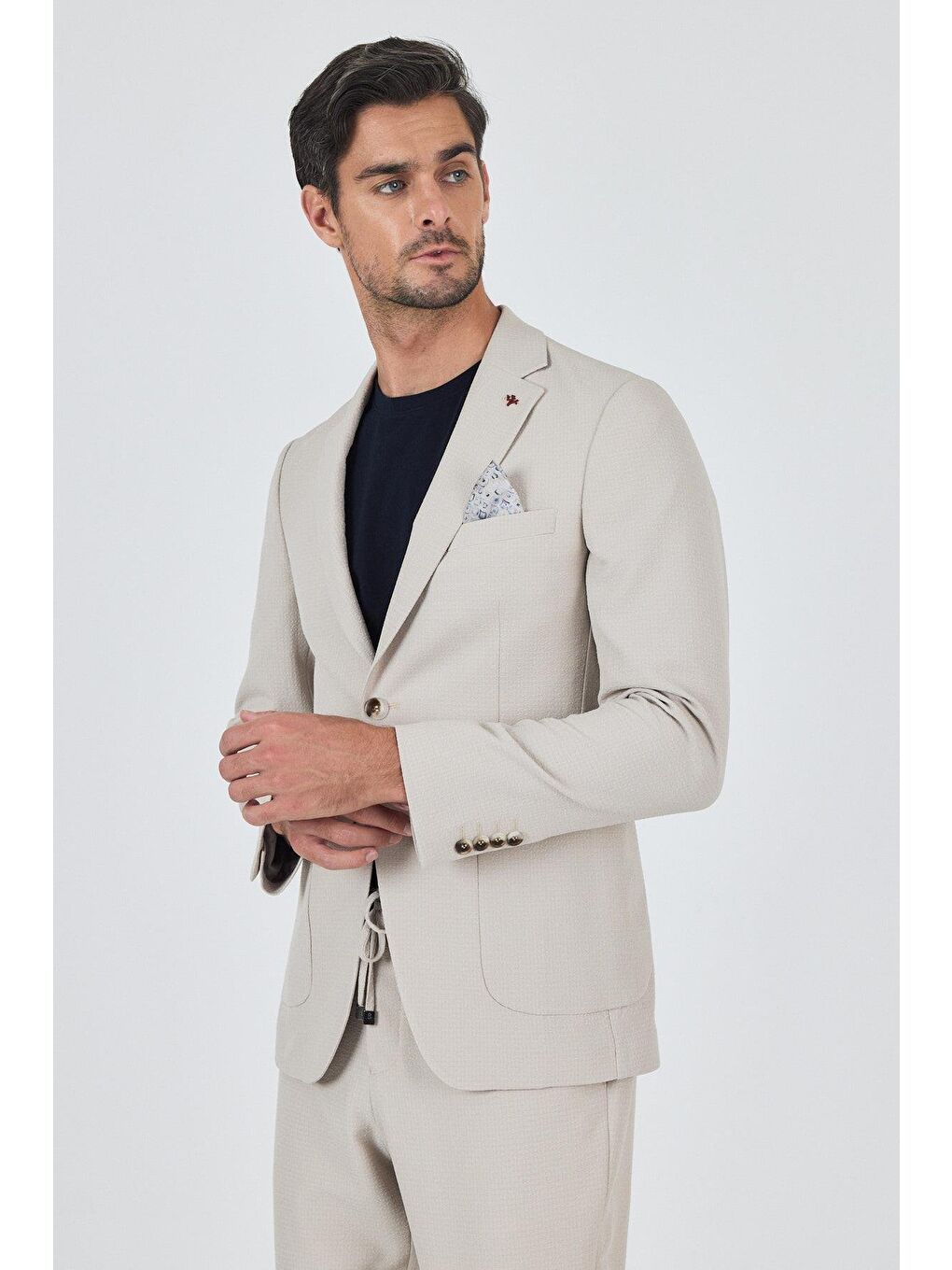 Bej Mono Yaka Kendinden Desenli 2 Düğme Casual Esnek Slim Fit Takım Elbise 1001250174-1