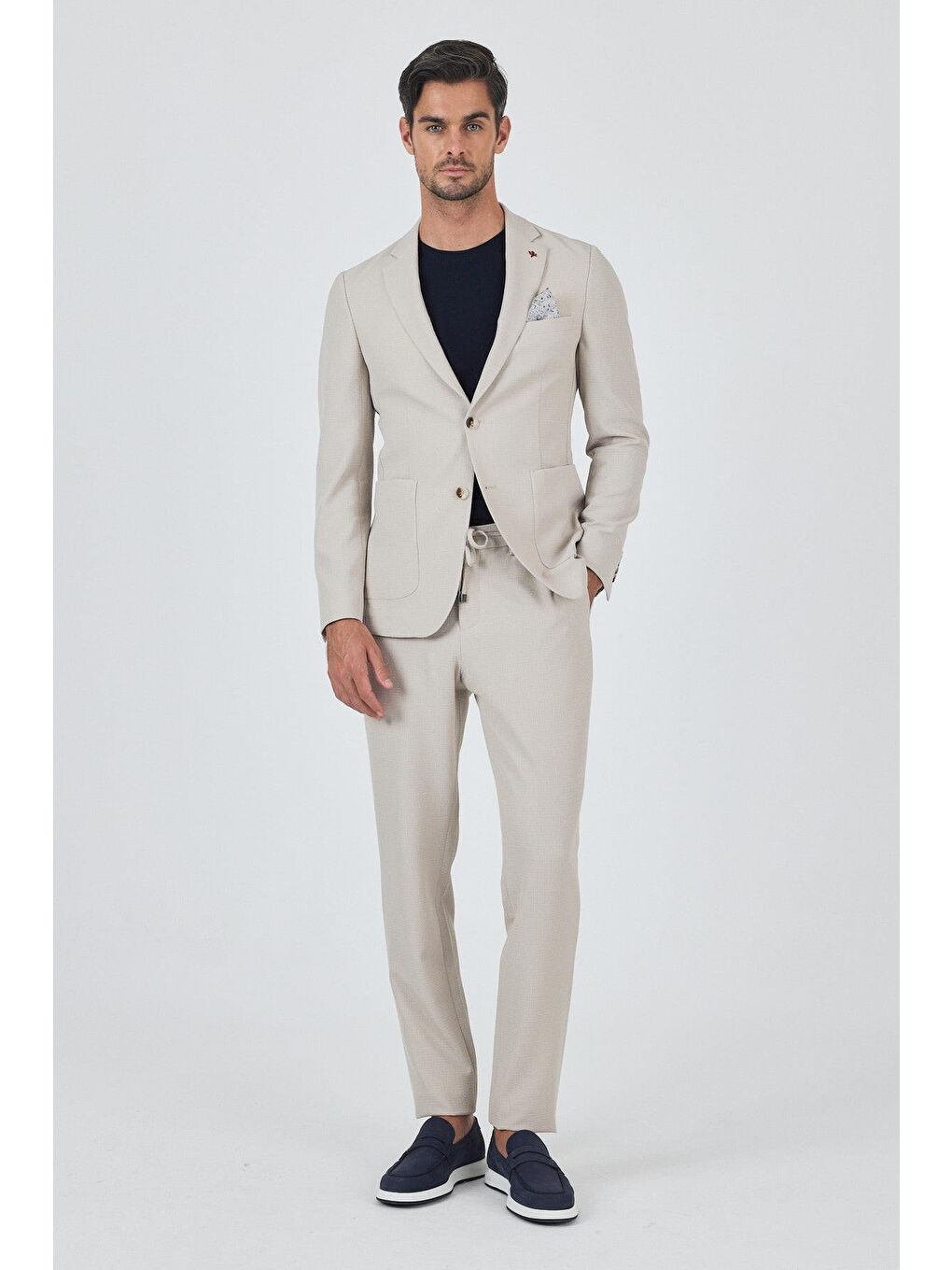 Bej Mono Yaka Kendinden Desenli 2 Düğme Casual Esnek Slim Fit Takım Elbise 1001250174-2