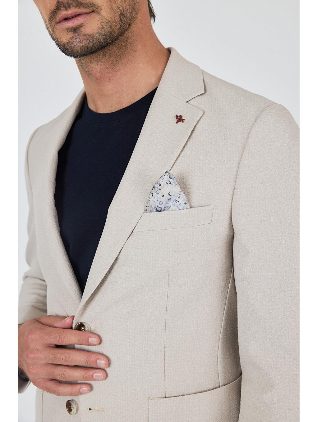 Bej Mono Yaka Kendinden Desenli 2 Düğme Casual Esnek Slim Fit Takım Elbise 1001250174-3