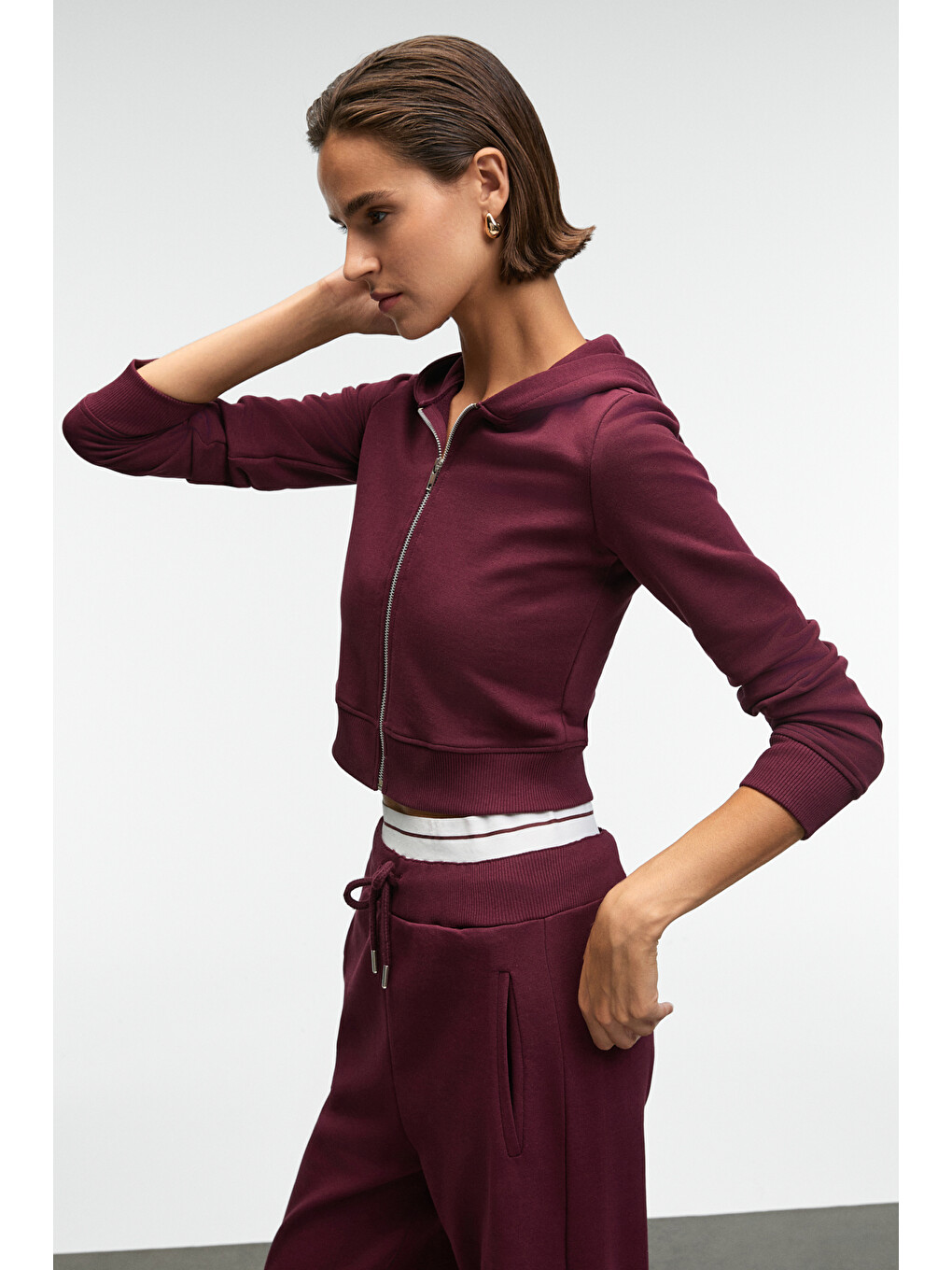 Cosıma Kadın Metal Fermuarlı Kapüşonlu Crop Bordo Sweatshirt-1