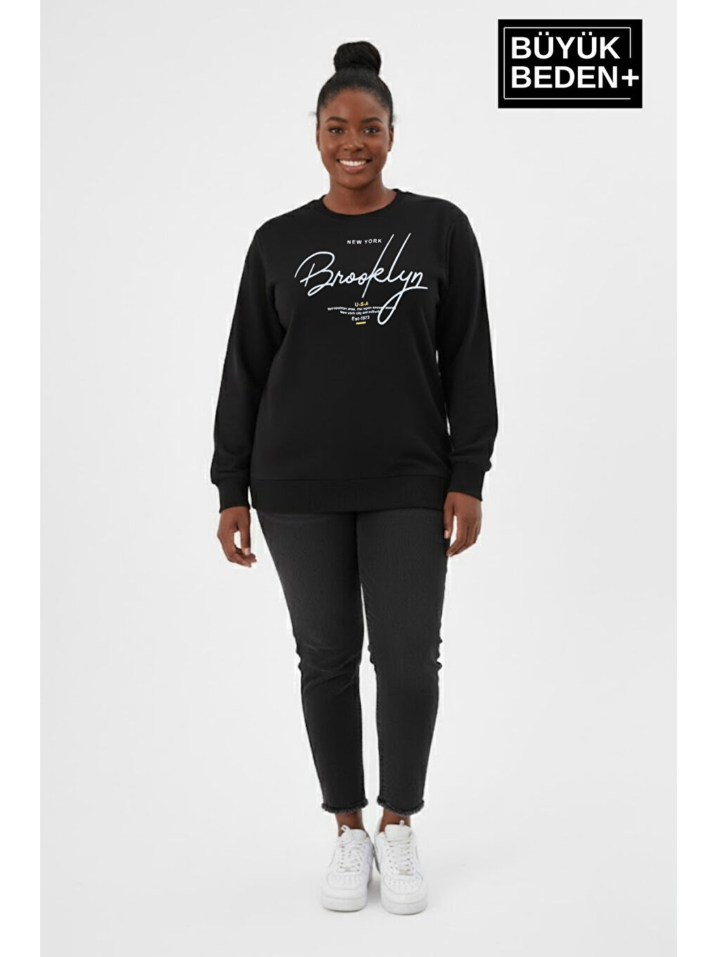 Siyah Kadın Büyük Beden El Yazılı Brooklyn Baskılı Bisiklet Yaka İnce Sweatshirt SPR26BSWK956-6