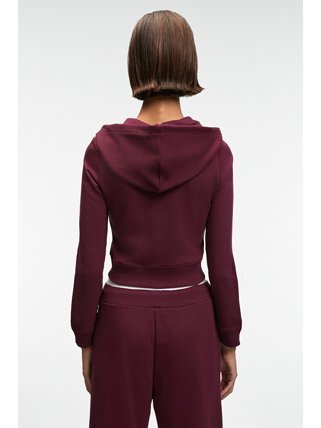 Cosıma Kadın Metal Fermuarlı Kapüşonlu Crop Bordo Sweatshirt-2