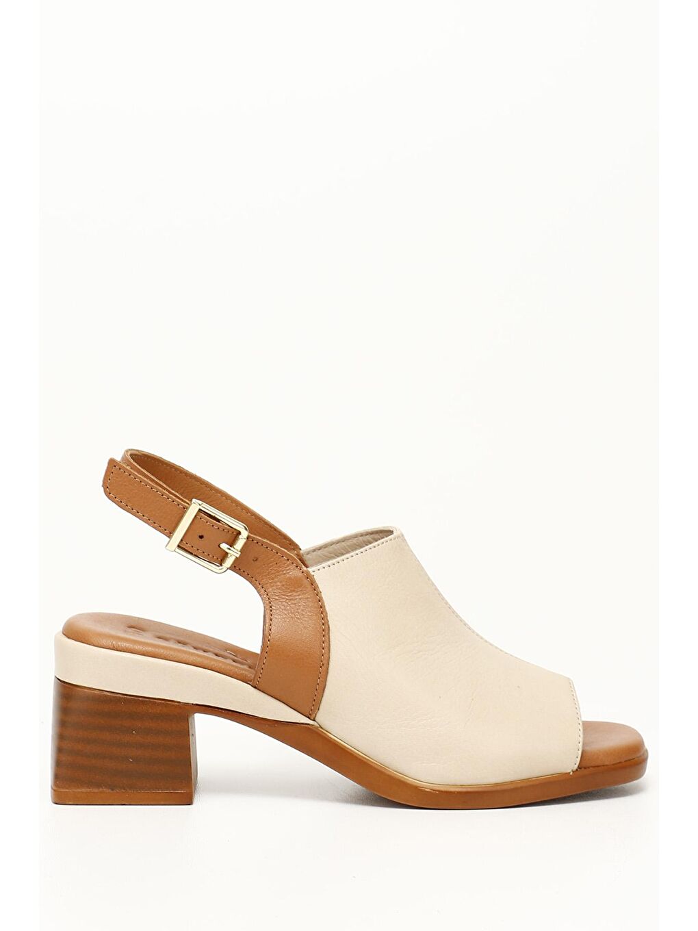 Bej AÇIK BEJ  Hakiki Deri Kısa Kalın Topuklu Kadın Sandalet 45406