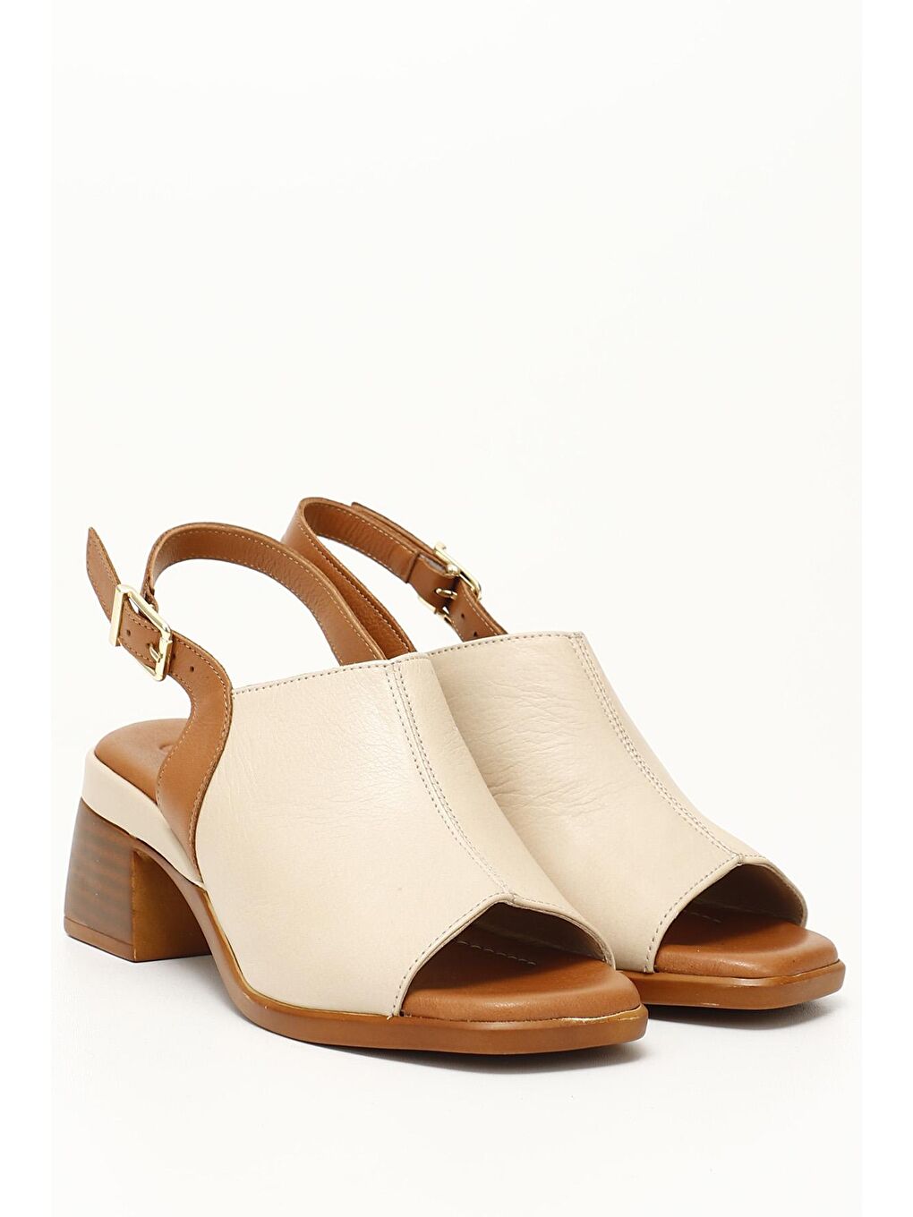 Bej AÇIK BEJ  Hakiki Deri Kısa Kalın Topuklu Kadın Sandalet 45406-1