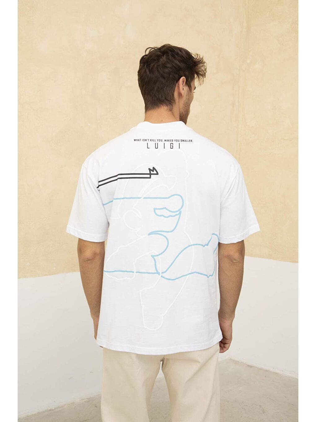 Beyaz Erkek Super Mario Ön ve Arka Baskılı Bisiklet Yaka Tişört-1