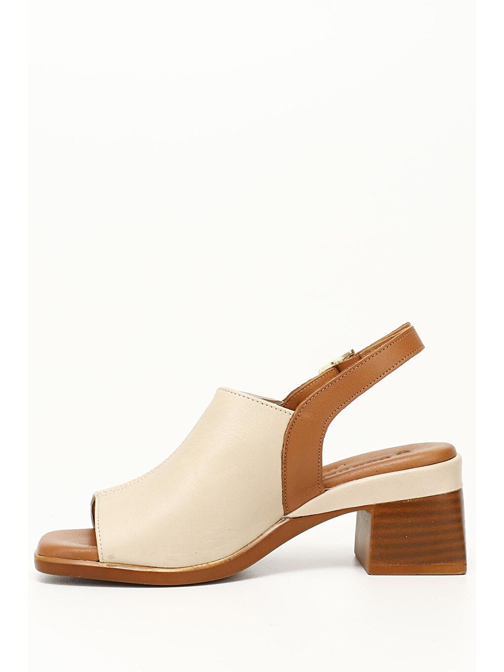 Bej AÇIK BEJ  Hakiki Deri Kısa Kalın Topuklu Kadın Sandalet 45406-2