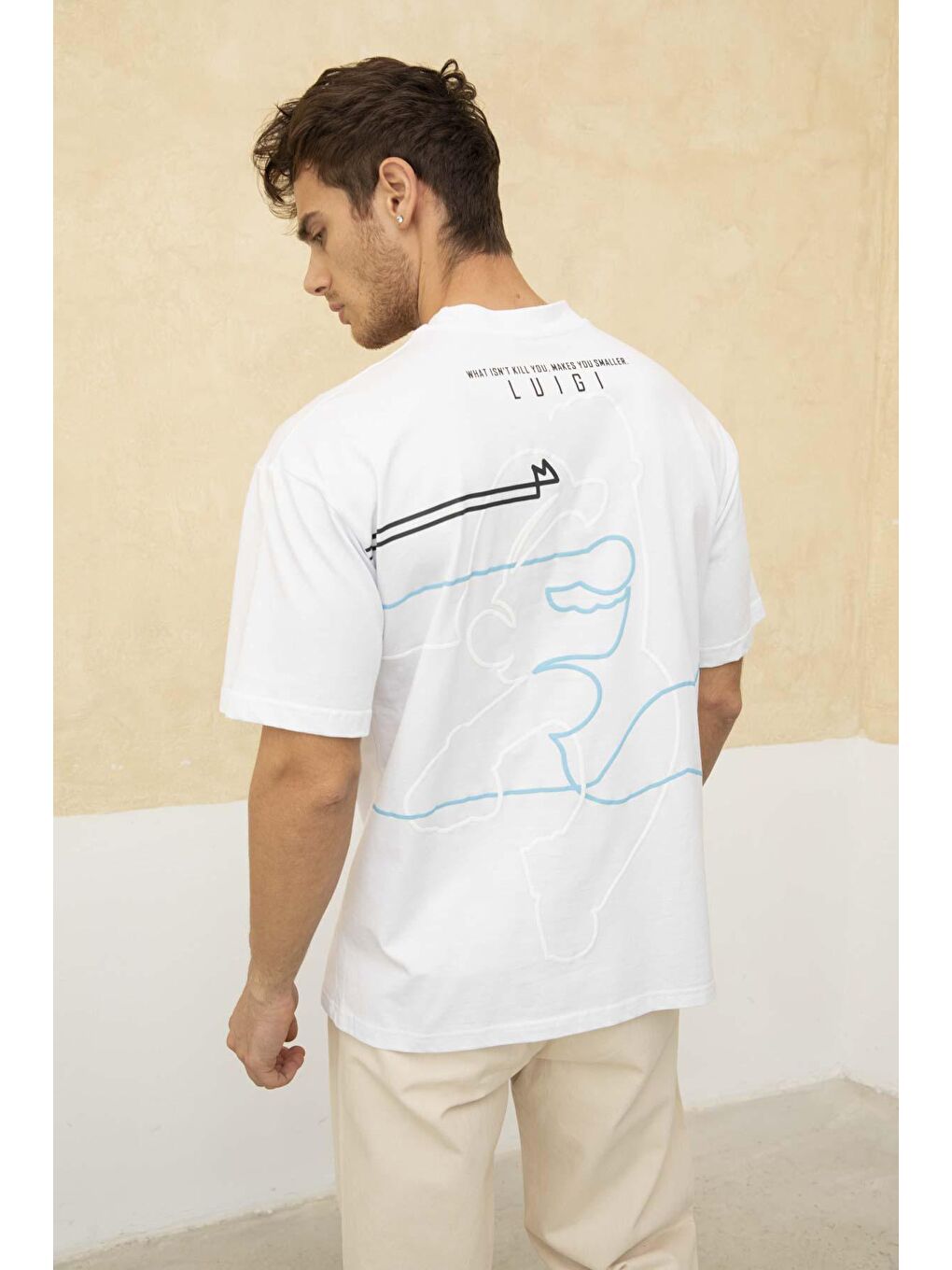 Beyaz Erkek Super Mario Ön ve Arka Baskılı Bisiklet Yaka Tişört-2