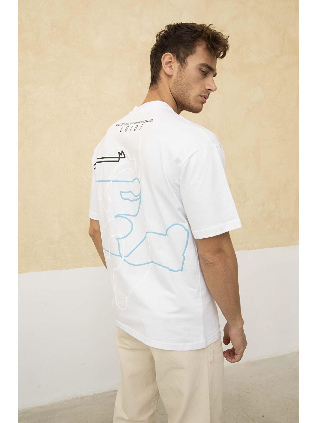 Beyaz Erkek Super Mario Ön ve Arka Baskılı Bisiklet Yaka Tişört-3