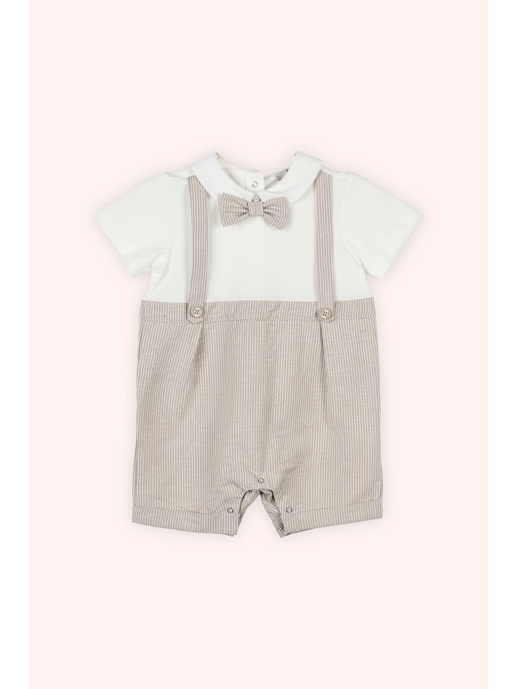 Yenidoğan Papyonlu Çizgi Desenli Bej Tulum