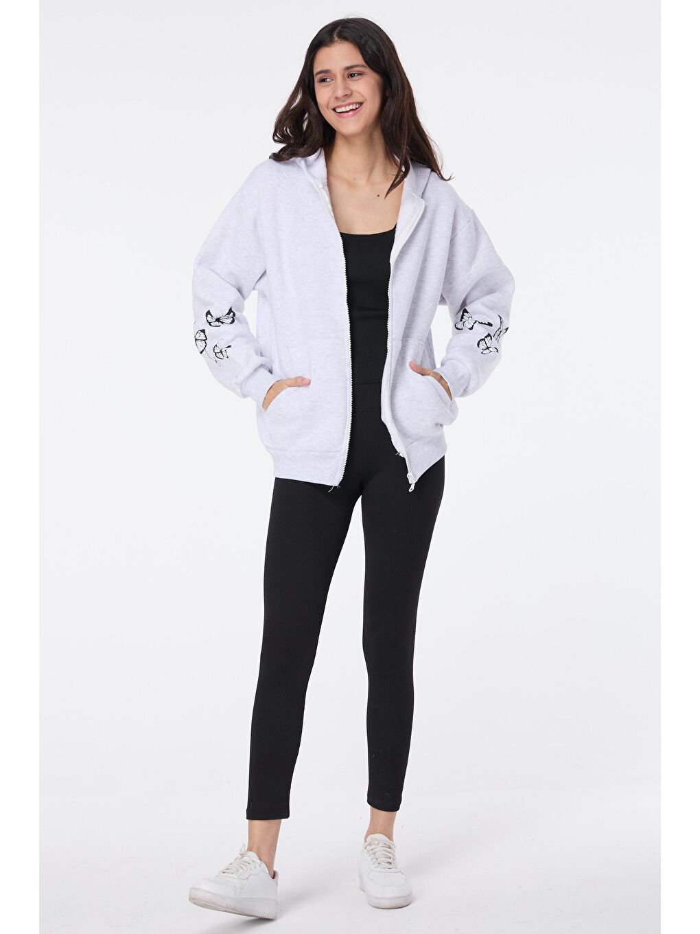 Kapüşonlu Yaka Kadın Gri Kapüşonlu Sweat - 23611-1