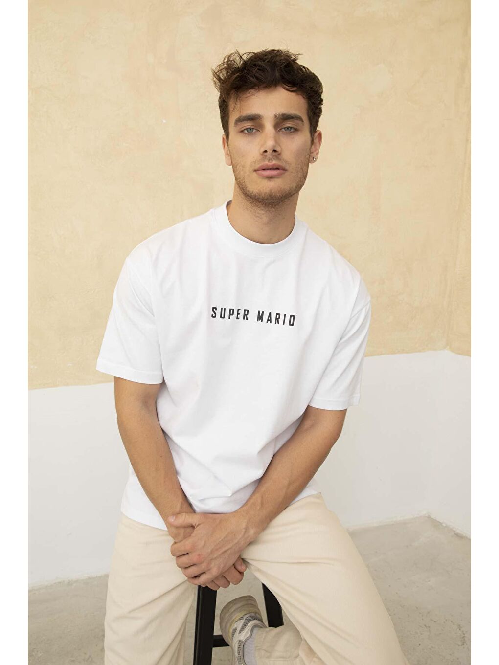 Beyaz Erkek Super Mario Ön ve Arka Baskılı Bisiklet Yaka Tişört-4