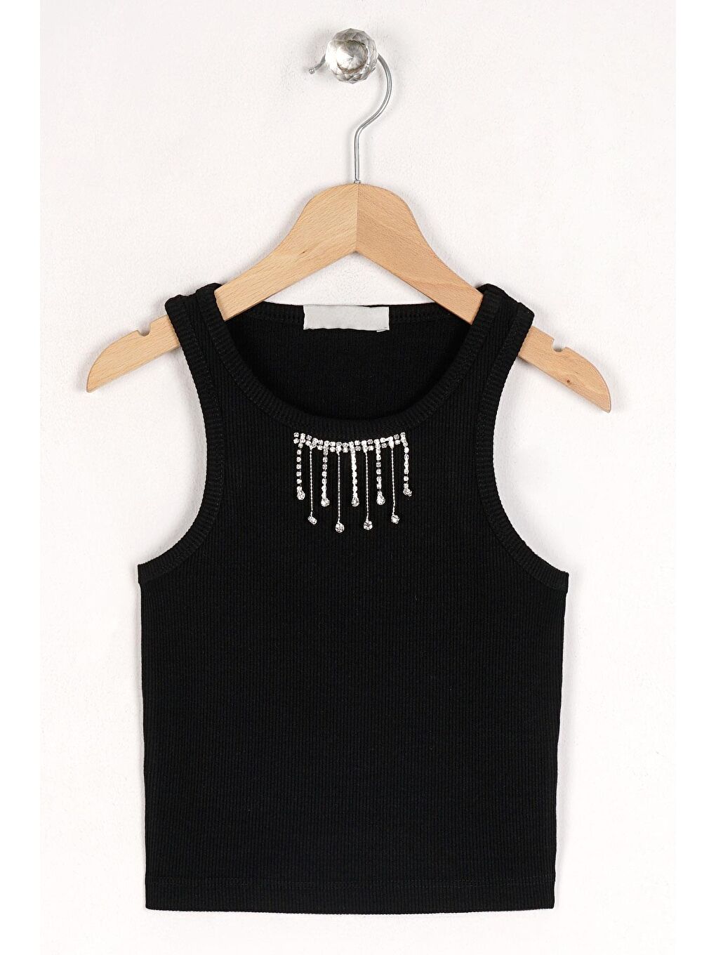 Bisiklet Yaka Sıfır Kol Siyah Renk Kız Çocuk Taşlı Crop Tshirt-2