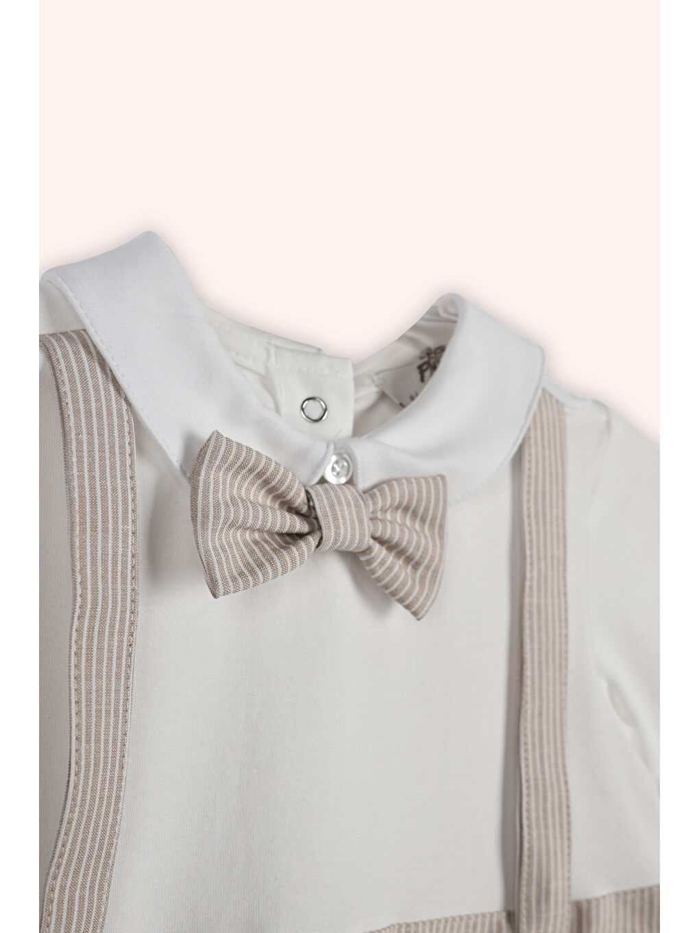 Yenidoğan Papyonlu Çizgi Desenli Bej Tulum-1