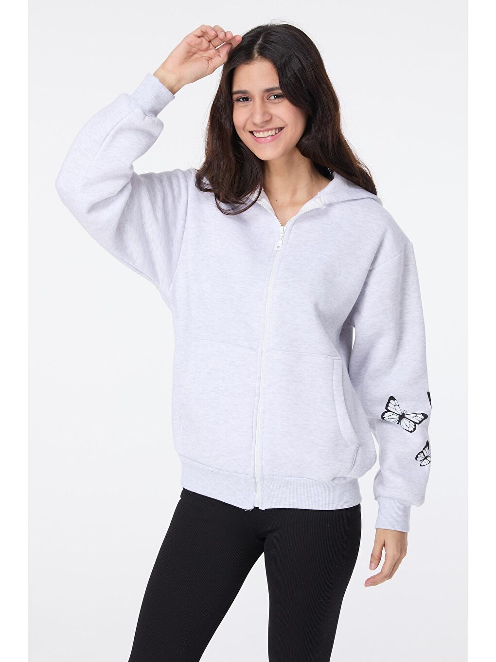 Kapüşonlu Yaka Kadın Gri Kapüşonlu Sweat - 23611-3