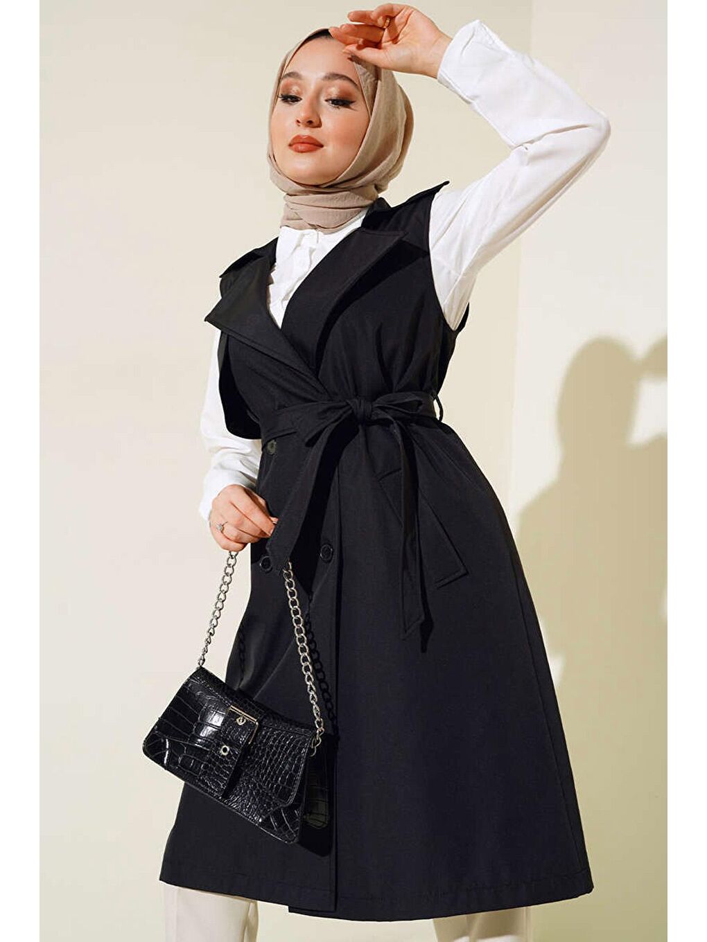 5911 Kruvaze Yaka Trençkot Yelek - Siyah-1