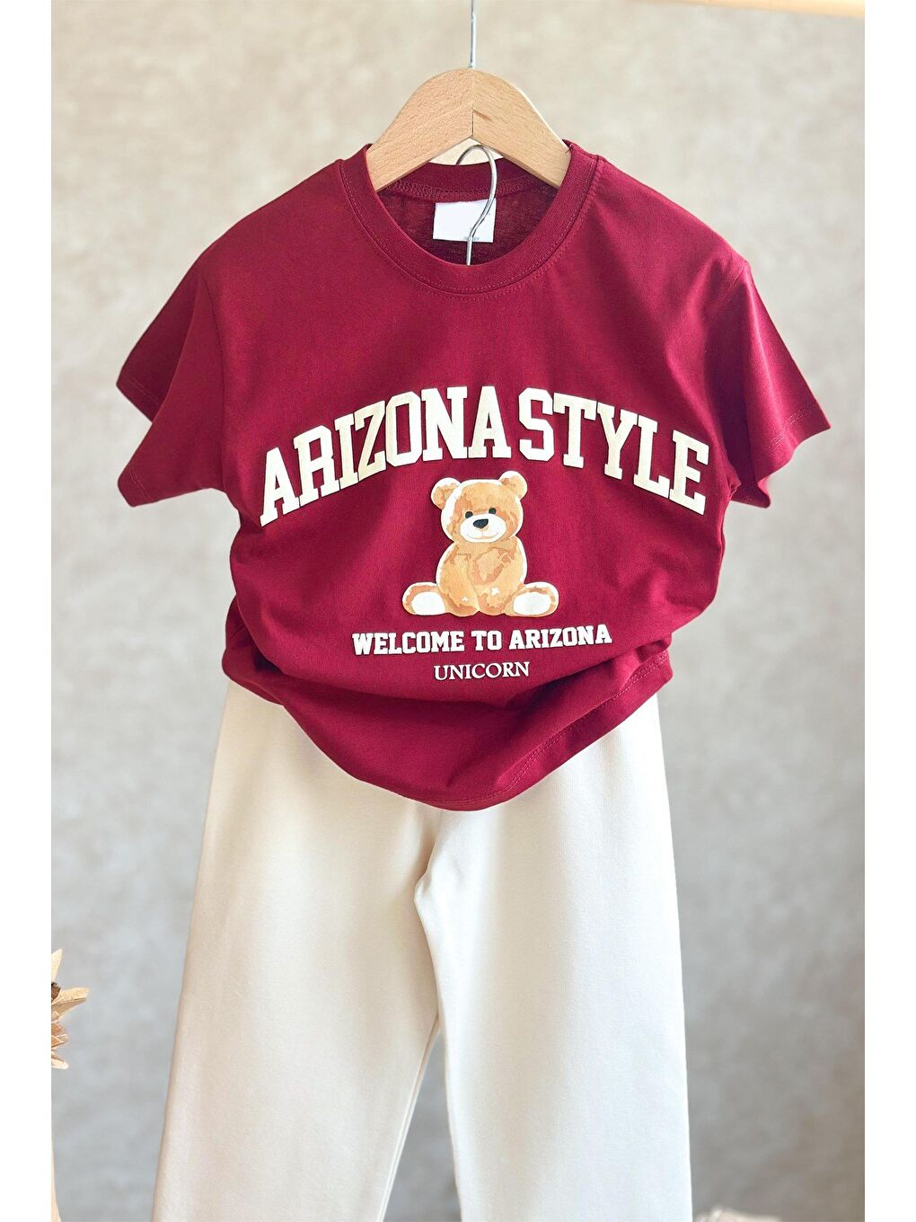 Kız Çocuk Pamuklu Ayıcık Baskılı Bordo T-Shirt Ve Ekru Eşofman 2'Li Takım