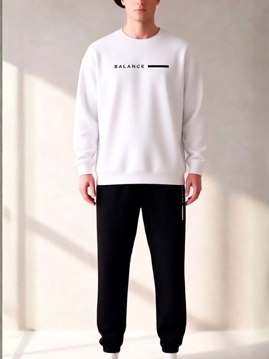 Erkek Beyaz Siyah Balance Baskılı Bisiklet Yaka Alt Üst Eşofman Takımı