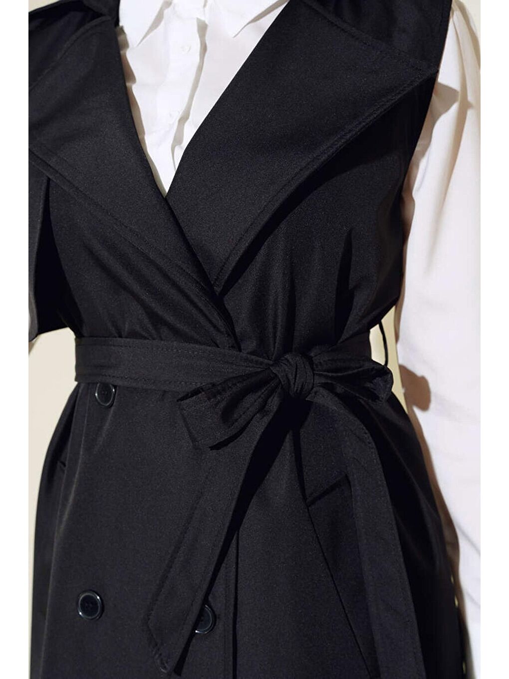 5911 Kruvaze Yaka Trençkot Yelek - Siyah-2