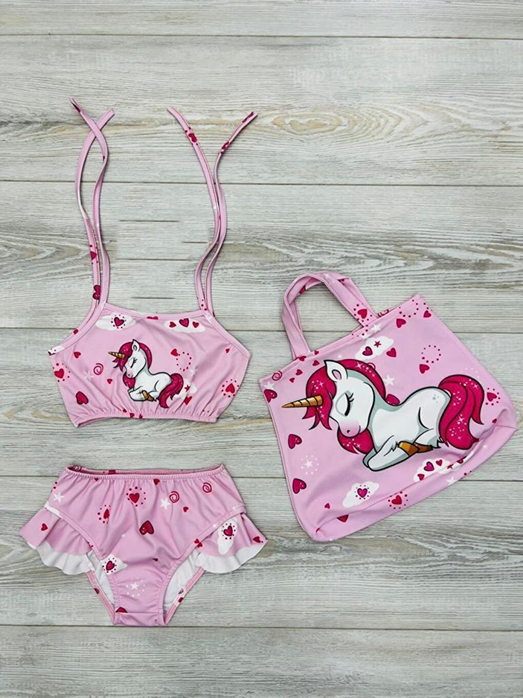 Pembe Kız Çocuk Çantalı 3'lü Mayo Takımı 3-10 Yaş 12211