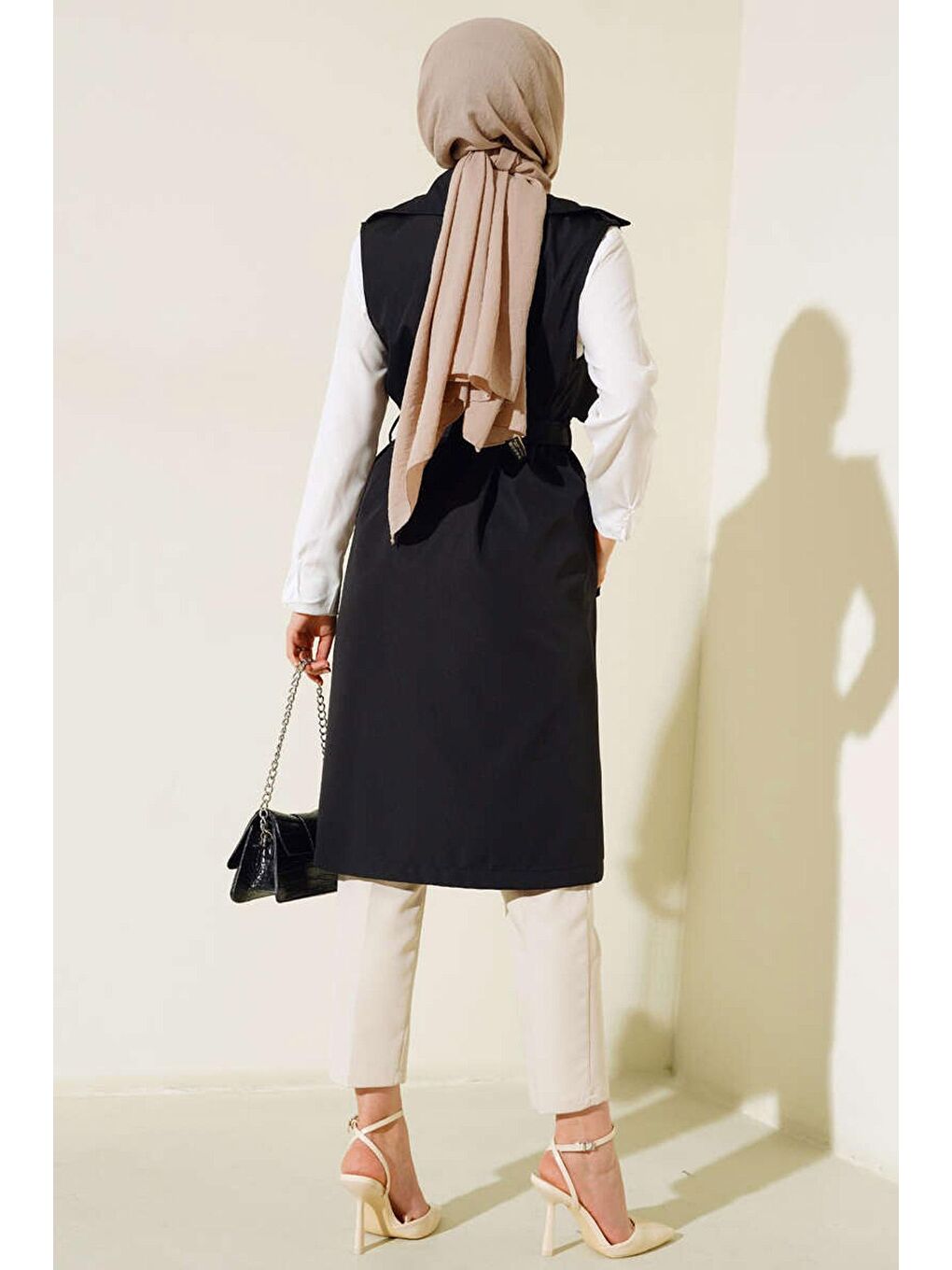 5911 Kruvaze Yaka Trençkot Yelek - Siyah-3