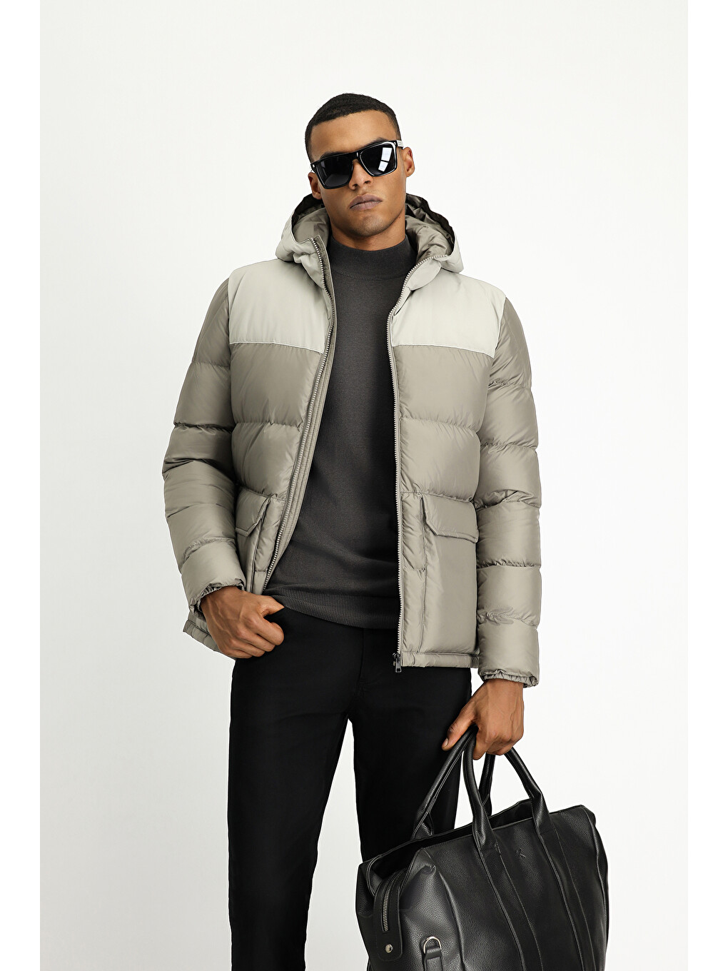 Bej Slim Fit Dar Kesim Kapüşonlu Spor Şişme Mont-1